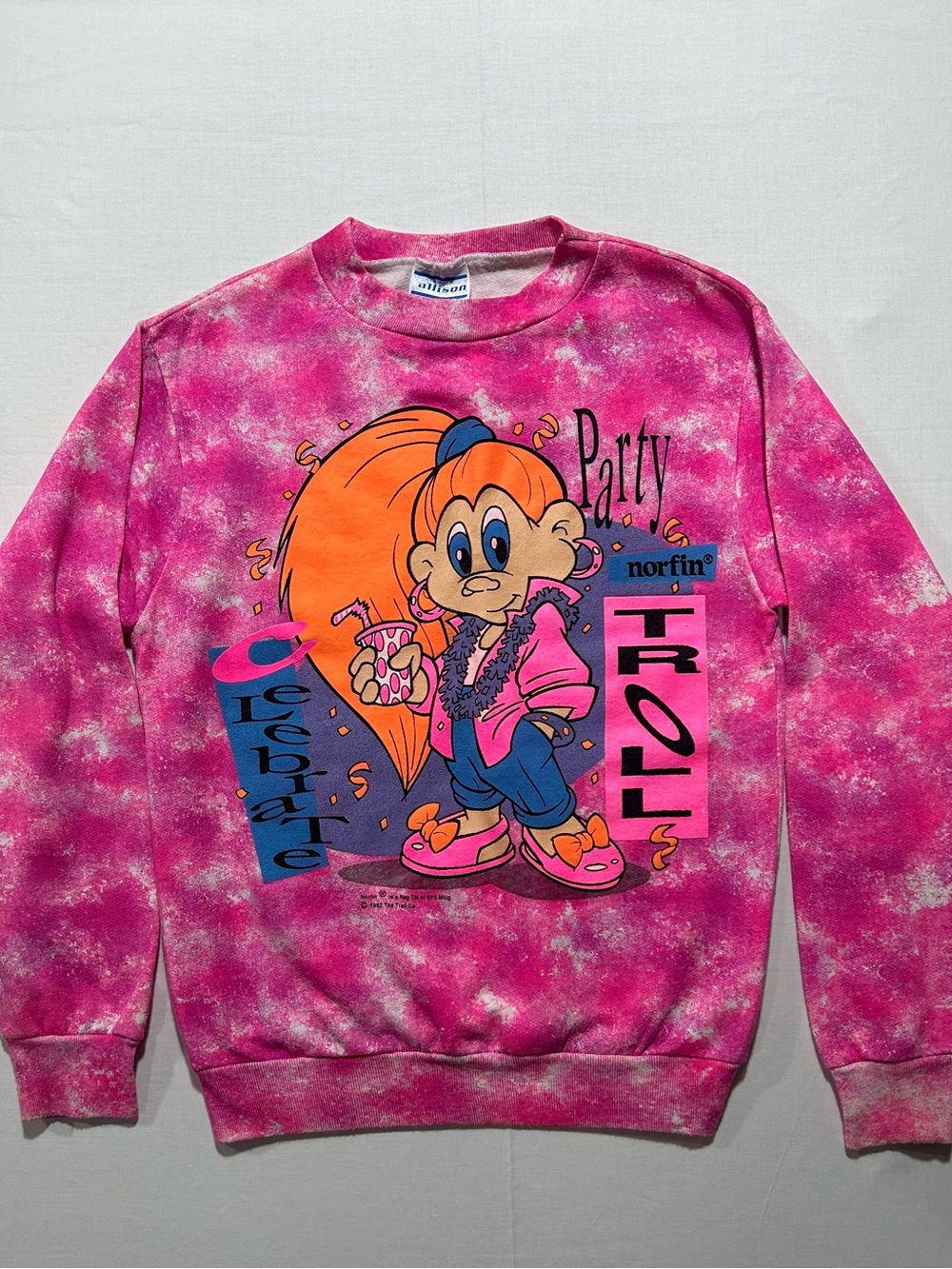 Vintage 1992 Norfin Troll Celebrate Party Crewneck Sweatshirt Pink size M